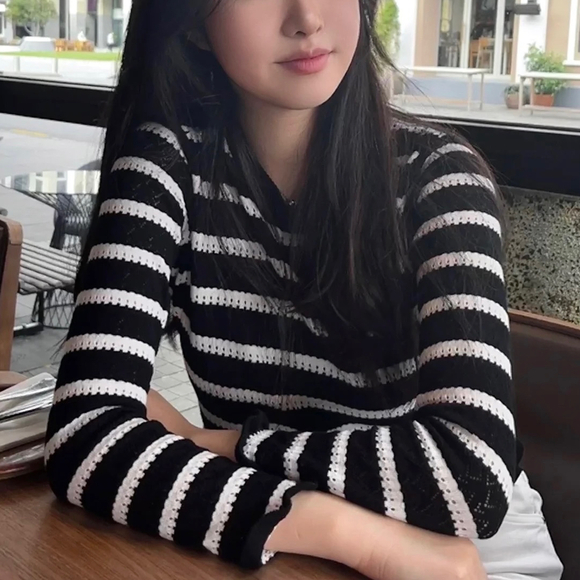 Black and White Two-Tone Striped Crochet Pullover with Ruffle Details - Picture 3 of 9